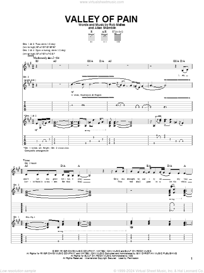 Valley Of Pain sheet music for guitar (tablature) by Allen Shamblin and Robert Mathes, intermediate skill level