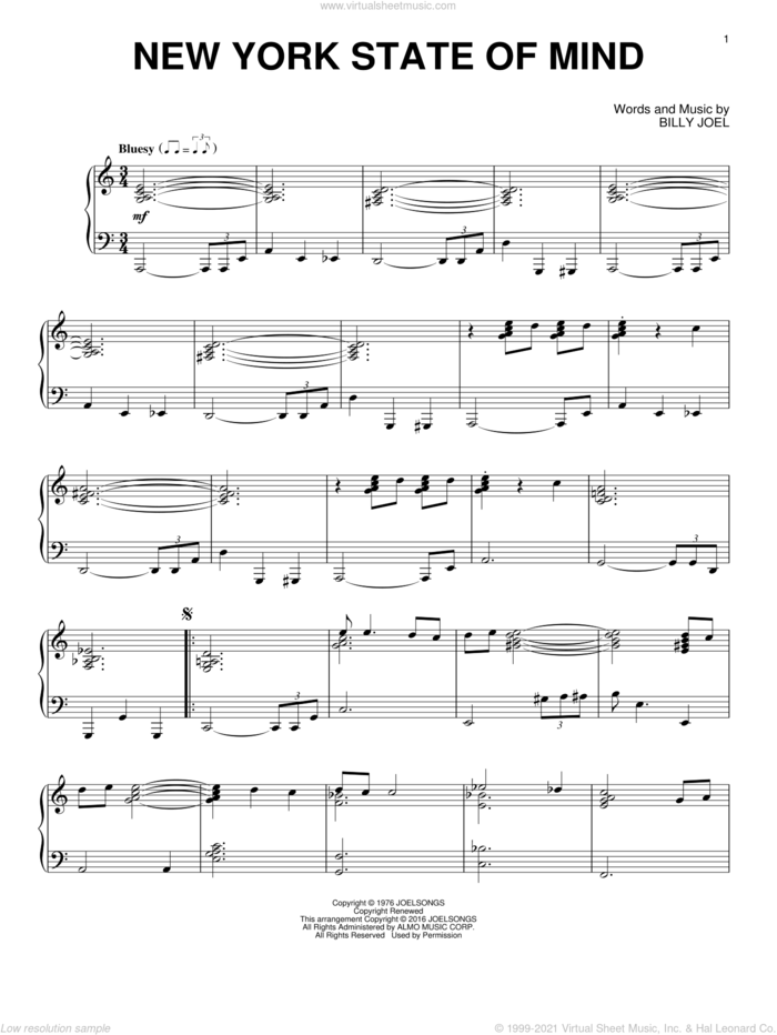 New York State Of Mind [Jazz version] sheet music for piano solo by Billy Joel, intermediate skill level