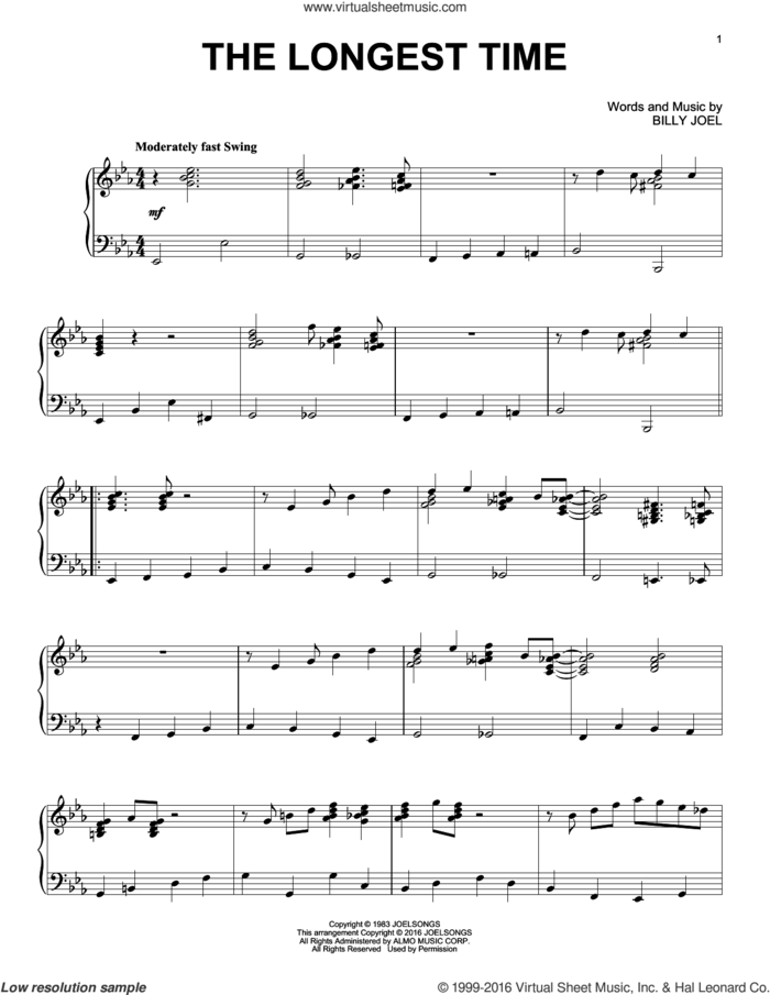 The Longest Time [Jazz version] sheet music for piano solo by Billy Joel, intermediate skill level