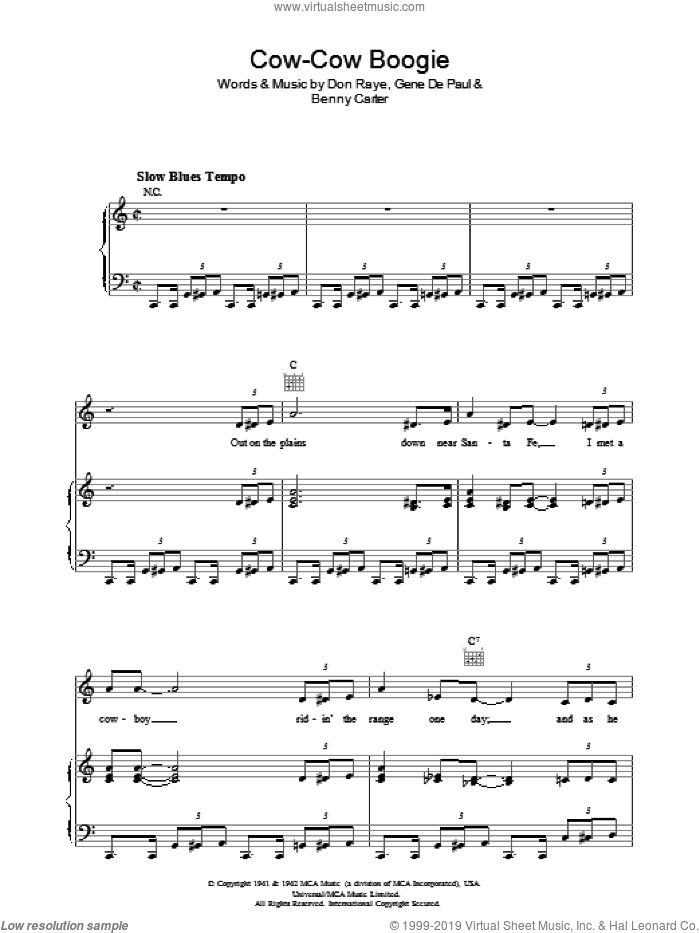 Cow-Cow Boogie sheet music for voice, piano or guitar by Don Raye, Benny Carter and Gene DePaul, intermediate skill level