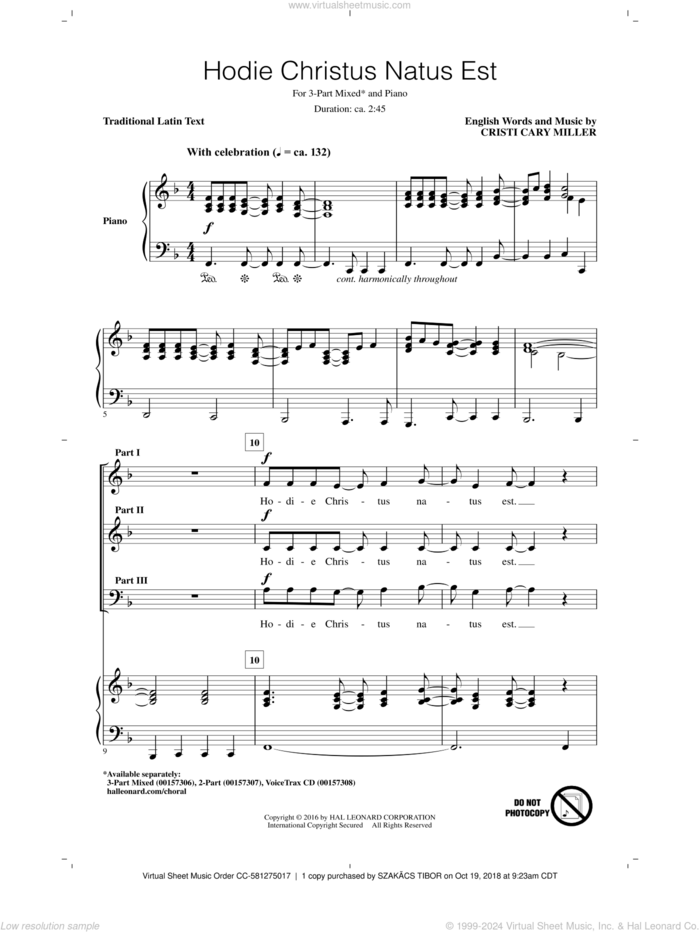 Hodie Christus Natus Est sheet music for choir (3-Part Mixed) by Cristi Cary Miller and Miscellaneous, intermediate skill level