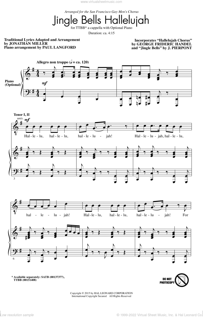 Hallelujah Chorus sheet music for choir (TTBB: tenor, bass) by George Frideric Handel, Jonathan Miller and James Pierpont, classical score, intermediate skill level