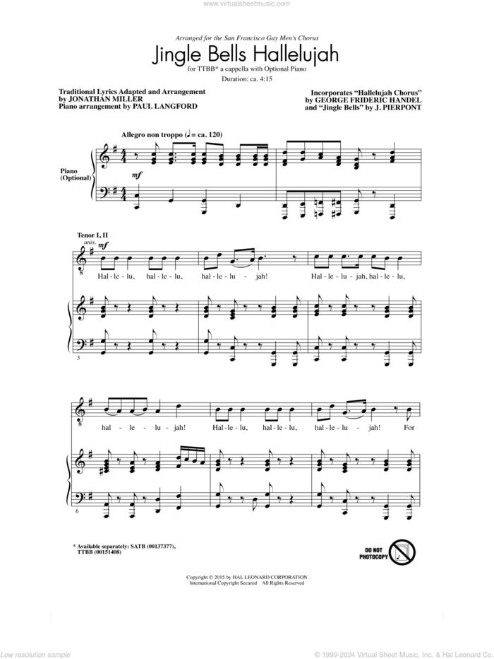 Hallelujah Chorus sheet music for choir (TTBB: tenor, bass) by George Frideric Handel, Jonathan Miller and James Pierpont, classical score, intermediate skill level