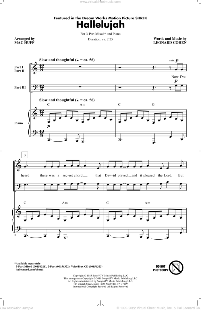 Hallelujah (arr. Mac Huff) sheet music for choir (3-Part Mixed) by Leonard Cohen, Mac Huff, Justin Timberlake & Matt Morris featuring Charlie Sexton and Lee DeWyze, intermediate skill level