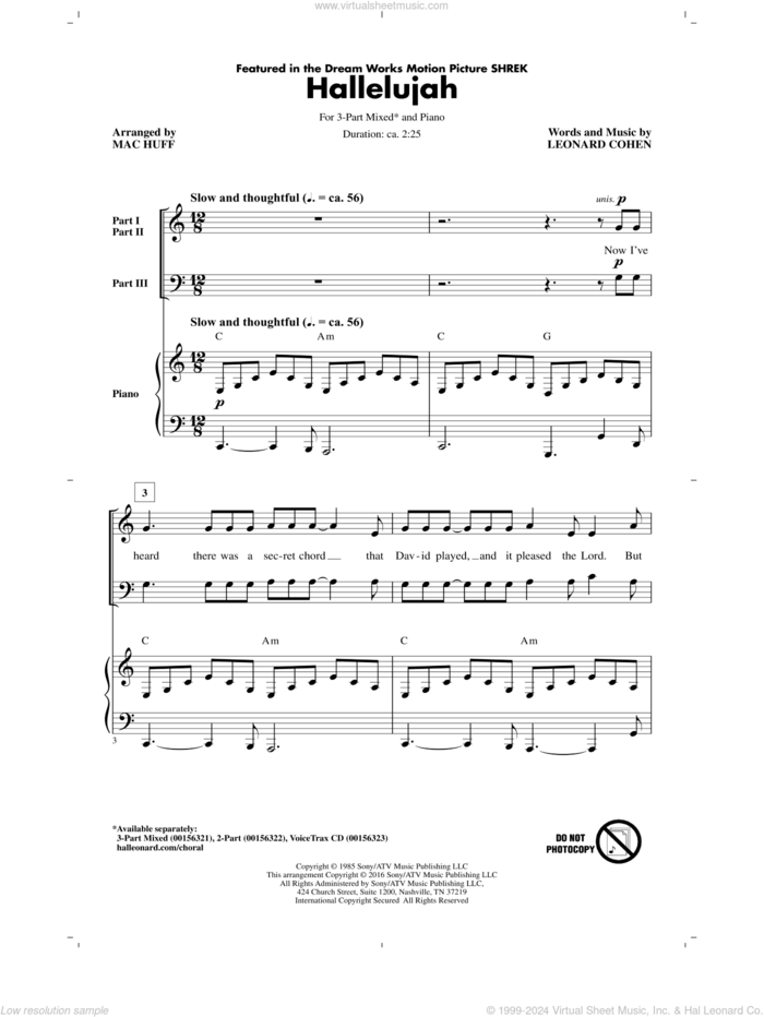 Hallelujah (arr. Mac Huff) sheet music for choir (3-Part Mixed) by Leonard Cohen, Mac Huff, Justin Timberlake & Matt Morris featuring Charlie Sexton and Lee DeWyze, intermediate skill level