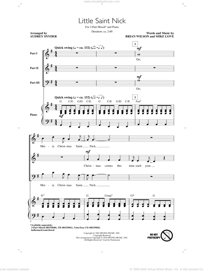 Little Saint Nick (arr. Audrey Snyder) sheet music for choir (3-Part Mixed) by Brian Wilson, Audrey Snyder, The Beach Boys and Mike Love, intermediate skill level