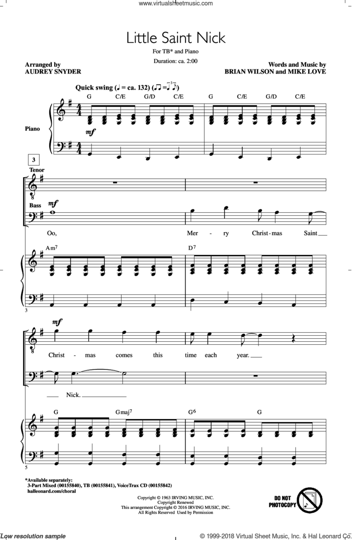 Little Saint Nick sheet music for choir (TB: tenor, bass) by Brian Wilson, Audrey Snyder, The Beach Boys and Mike Love, intermediate skill level