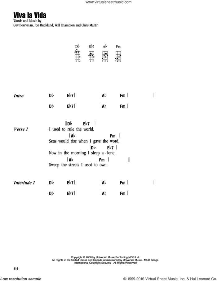 Viva La Vida sheet music for ukulele (chords) by Guy Berryman, Coldplay, Chris Martin, Jon Buckland and Will Champion, intermediate skill level