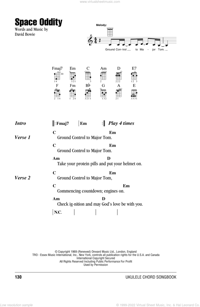 Space Oddity sheet music for ukulele (chords) by David Bowie, intermediate skill level