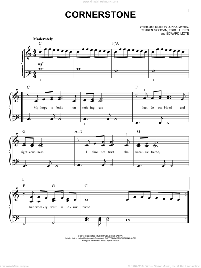 Cornerstone, (easy) sheet music for piano solo by Hillsong Live, Eric Liljero, Jonas Myrin and Reuben Morgan, easy skill level