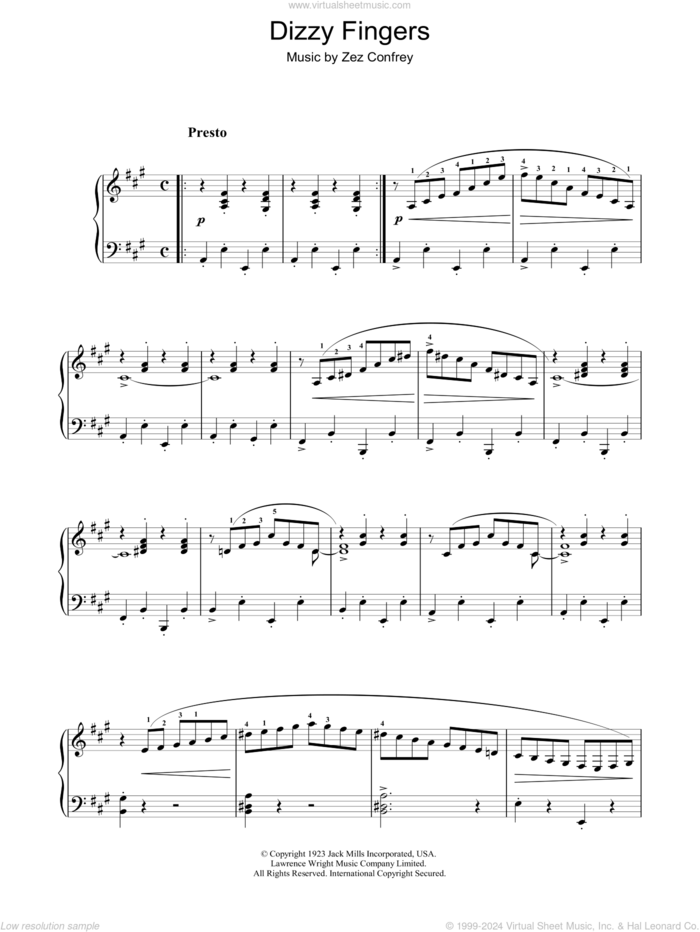 Dizzy Fingers sheet music for piano solo by Zez Confrey, intermediate skill level