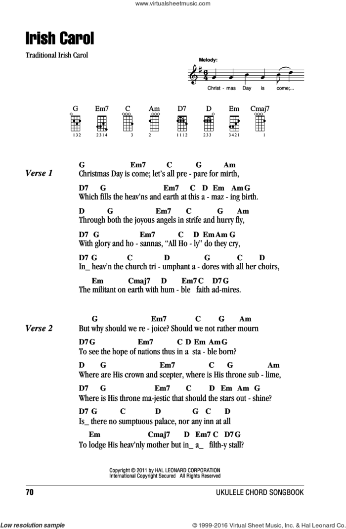 Irish Carol sheet music for ukulele (chords), intermediate skill level