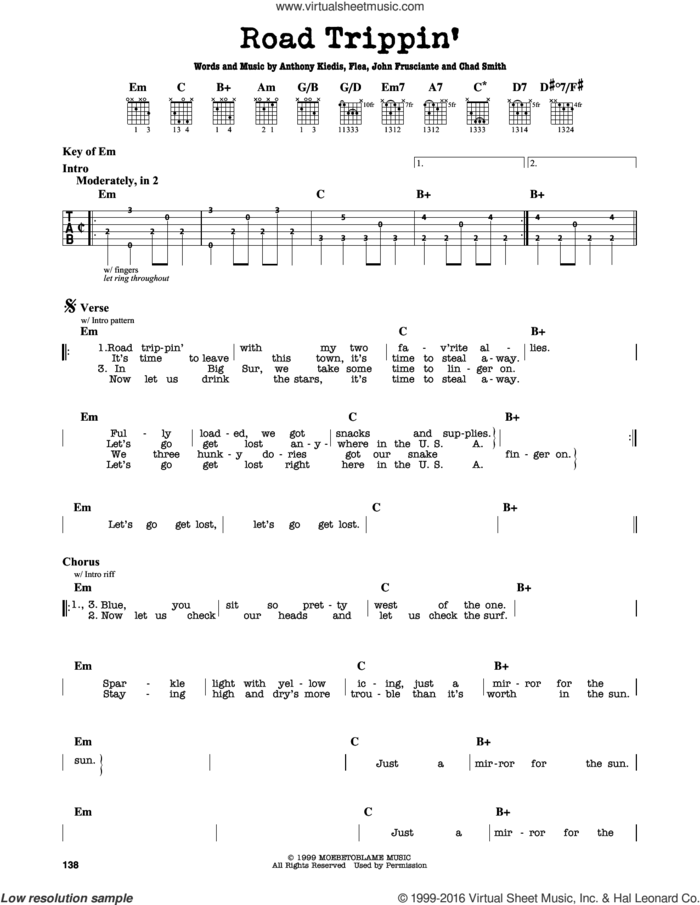 Road Trippin' sheet music for guitar solo (lead sheet) by Red Hot Chili Peppers, Anthony Kiedis, Chad Smith, Flea and John Frusciante, intermediate guitar (lead sheet)