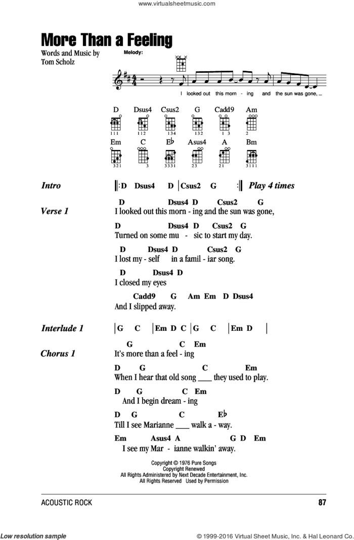 More Than A Feeling sheet music for ukulele (chords) by Boston and Tom Scholz, intermediate skill level