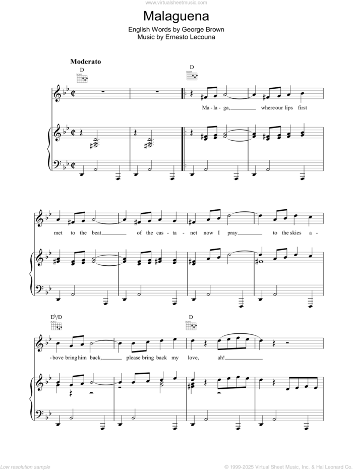 Malaguena sheet music for voice, piano or guitar by Ernesto Lecuona, intermediate skill level