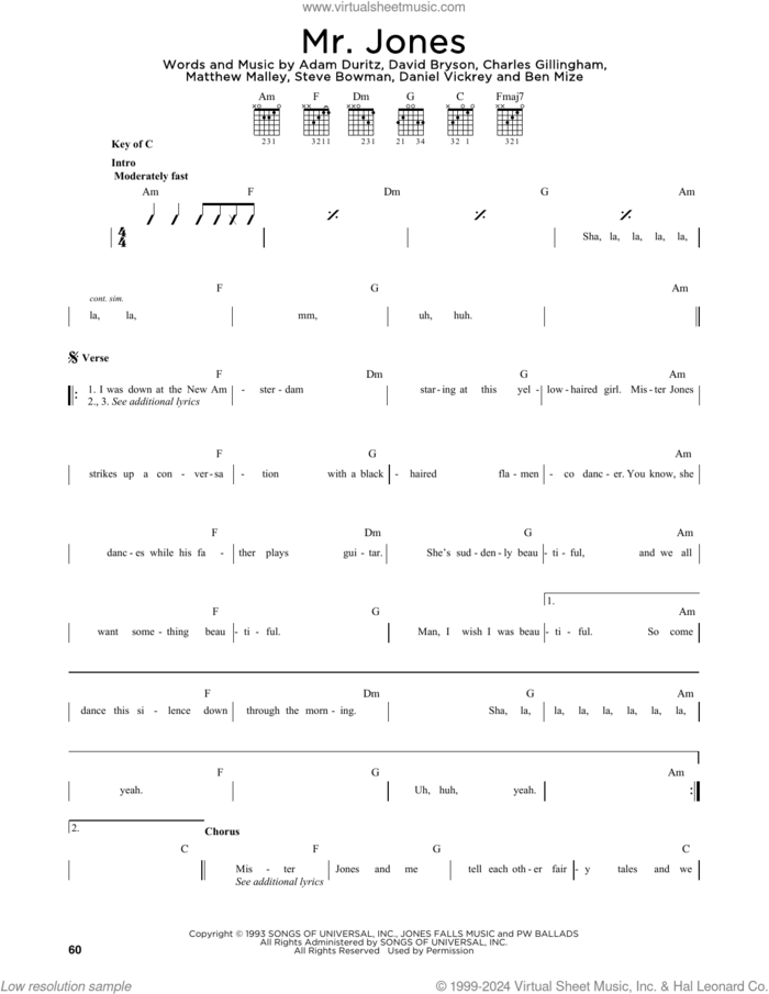 Mr. Jones sheet music for guitar solo (lead sheet) by Counting Crows, Adam Duritz, Ben Mize, Charles Gillingham, Dan Vickrey, David Bryson, Matthew Malley and Steve Bowman, intermediate guitar (lead sheet)