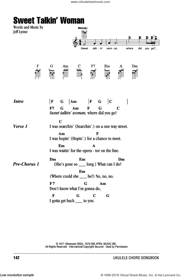 Sweet Talkin' Woman sheet music for ukulele (chords) by Electric Light Orchestra and Jeff Lynne, intermediate skill level
