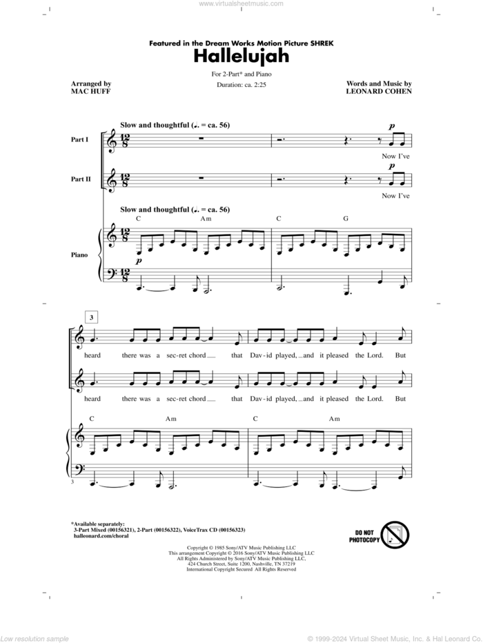 Hallelujah (arr. Mac Huff) sheet music for choir (2-Part) by Leonard Cohen, Mac Huff, Justin Timberlake & Matt Morris featuring Charlie Sexton and Lee DeWyze, intermediate duet