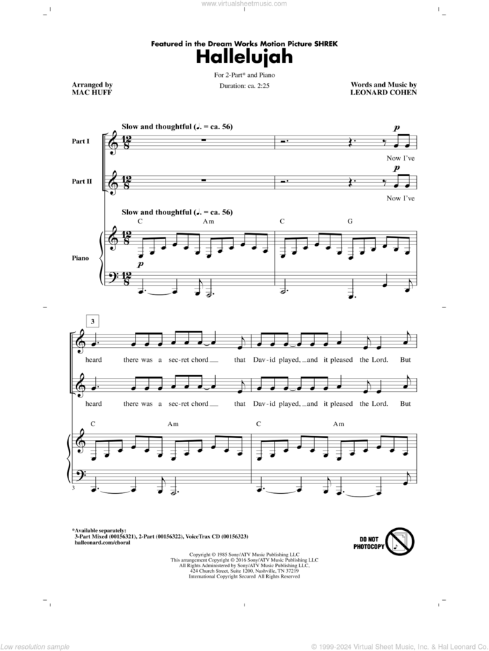 Hallelujah (arr. Mac Huff) sheet music for choir (2-Part) by Leonard Cohen, Mac Huff, Justin Timberlake & Matt Morris featuring Charlie Sexton and Lee DeWyze, intermediate duet