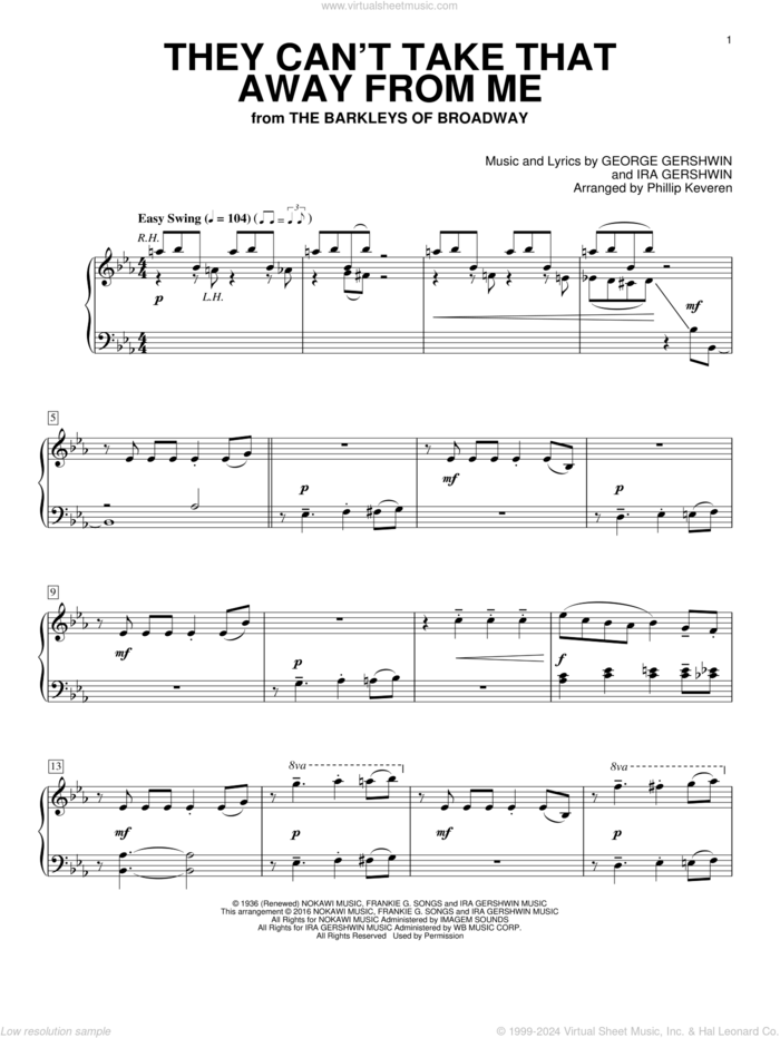 They Can't Take That Away From Me (arr. Phillip Keveren) sheet music for piano solo by George Gershwin, Phillip Keveren, Frank Sinatra and Ira Gershwin, intermediate skill level