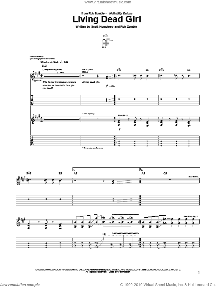 Living Dead Girl sheet music for guitar (tablature) by Rob Zombie and Scott Humphrey, intermediate skill level