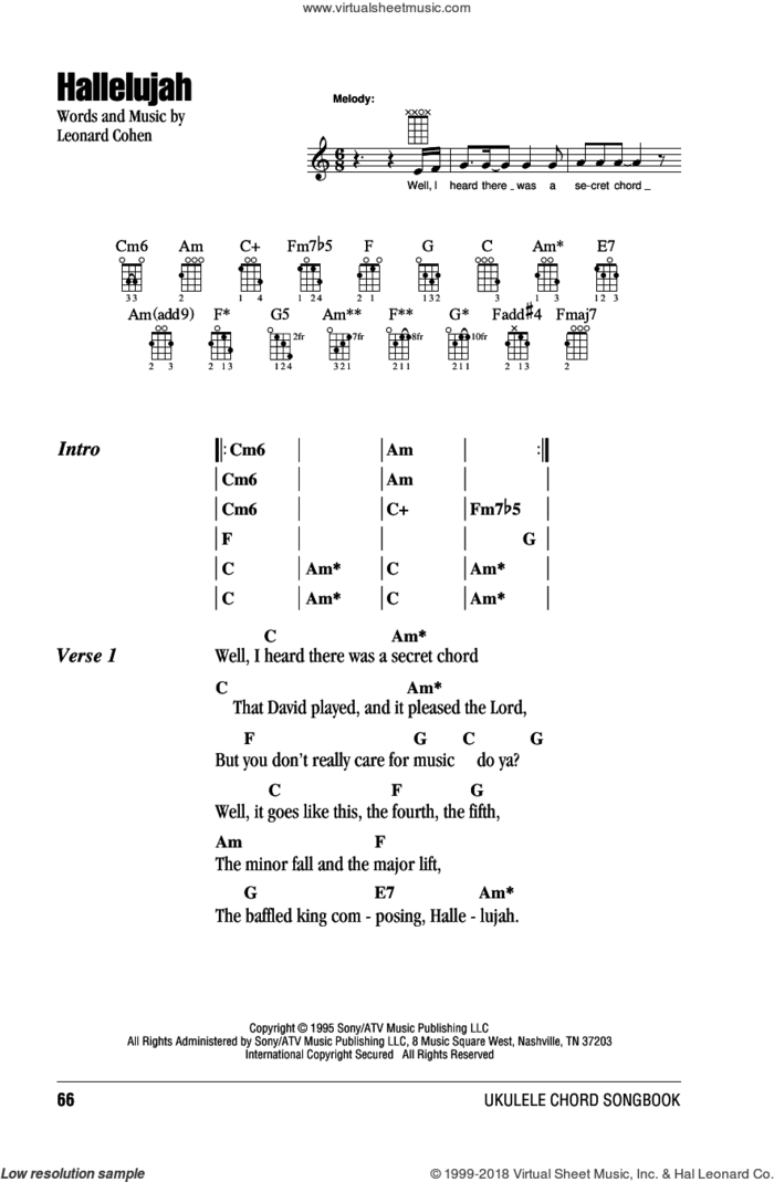 Hallelujah sheet music for ukulele (chords) by Leonard Cohen, Justin Timberlake & Matt Morris featuring Charlie Sexton and Lee DeWyze, intermediate skill level