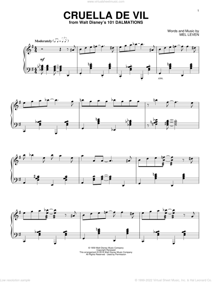 Cruella De Vil [Jazz version] (from 101 Dalmations) sheet music for piano solo by Mel Leven, intermediate skill level