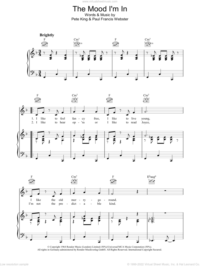 The Mood I'm In sheet music for voice, piano or guitar by Pete King and Paul Francis Webster, intermediate skill level