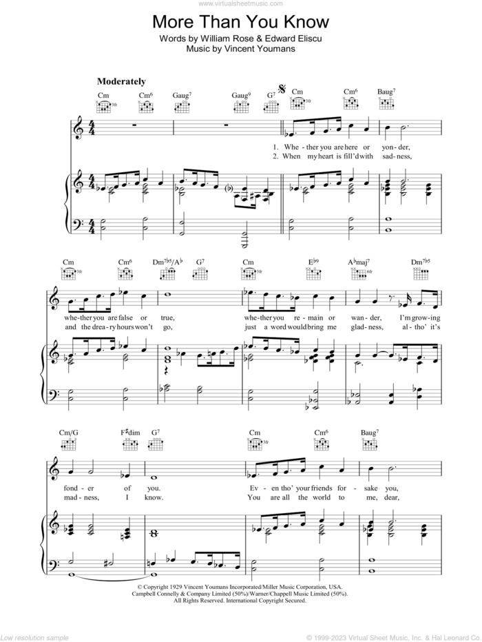 More Than You Know sheet music for voice, piano or guitar by Barbra Streisand, Helen Morgan, Edward Eliscu, Vincent Youmans and William Rose, intermediate skill level