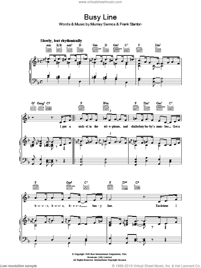 Busy Line sheet music for voice, piano or guitar by Murray Semos and Frank Stanton, intermediate skill level