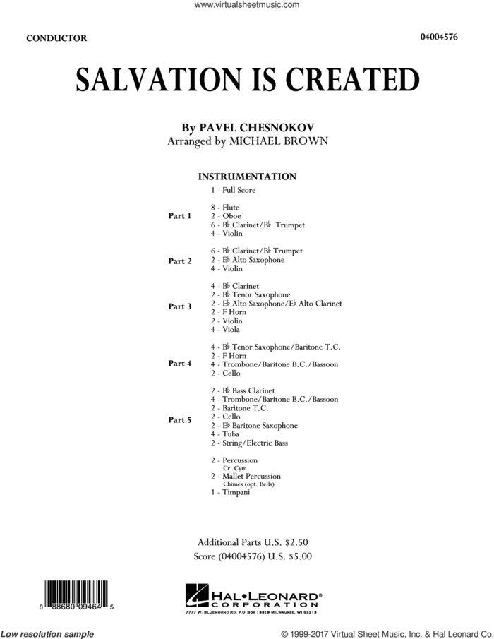 Salvation Is Created (COMPLETE) sheet music for concert band by Michael Brown, Pavel Chesnokov and Pavel Tschesnokoff, intermediate skill level
