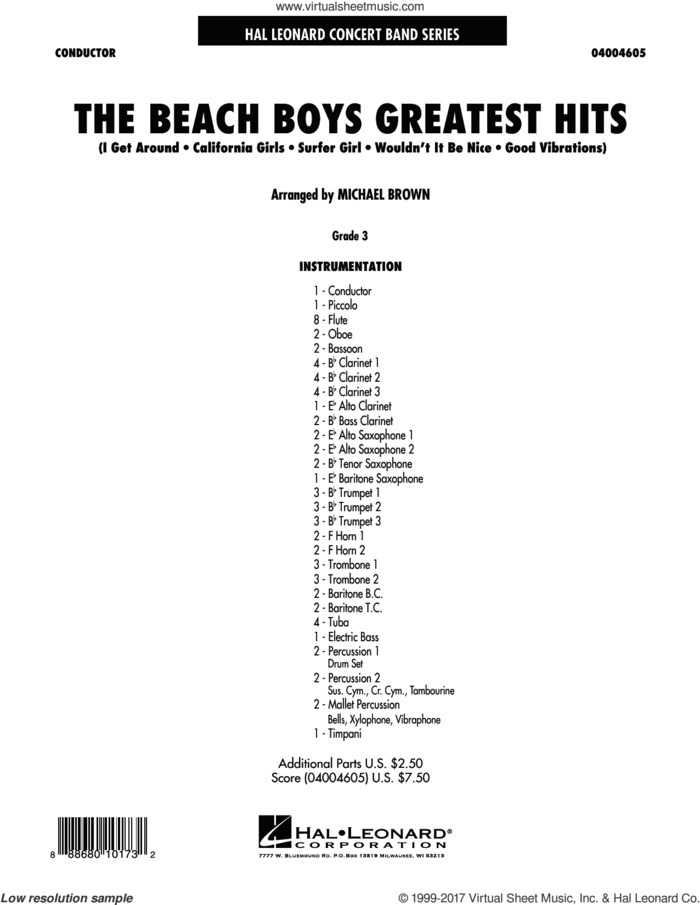The Beach Boys Greatest Hits (COMPLETE) sheet music for concert band by Michael Brown and The Beach Boys, intermediate skill level