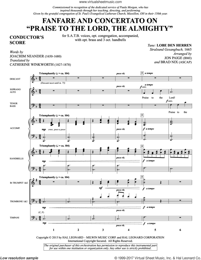Fanfare and Concertato on 'Praise to the Lord, the Almighty' (COMPLETE) sheet music for orchestra/band by Brad Nix, Catherine Winkworth, Erneuerten Gesangbuch and Joachim Neander, intermediate skill level