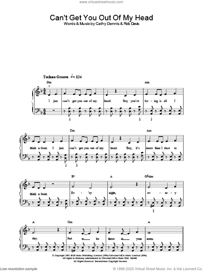 Can't Get You Out Of My Head sheet music for voice, piano or guitar by Kylie Minogue, Cathy Dennis and Rob Davis, intermediate skill level