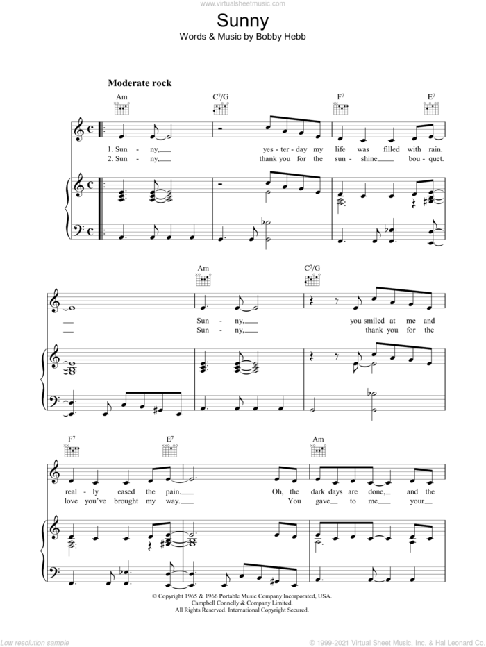 Sunny sheet music for voice, piano or guitar by Bobby Hebb, intermediate skill level