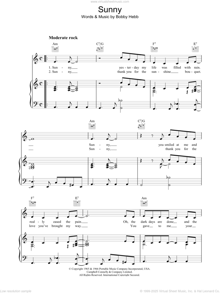 Sunny sheet music for voice, piano or guitar by Bobby Hebb, intermediate skill level