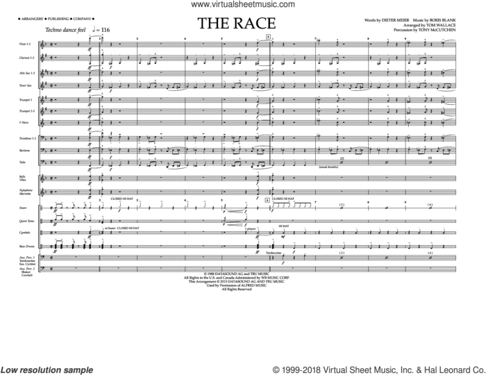 The Race (COMPLETE) sheet music for marching band by Tom Wallace, Boris Blank, Dieter Meier and Tony McCutchen, intermediate skill level