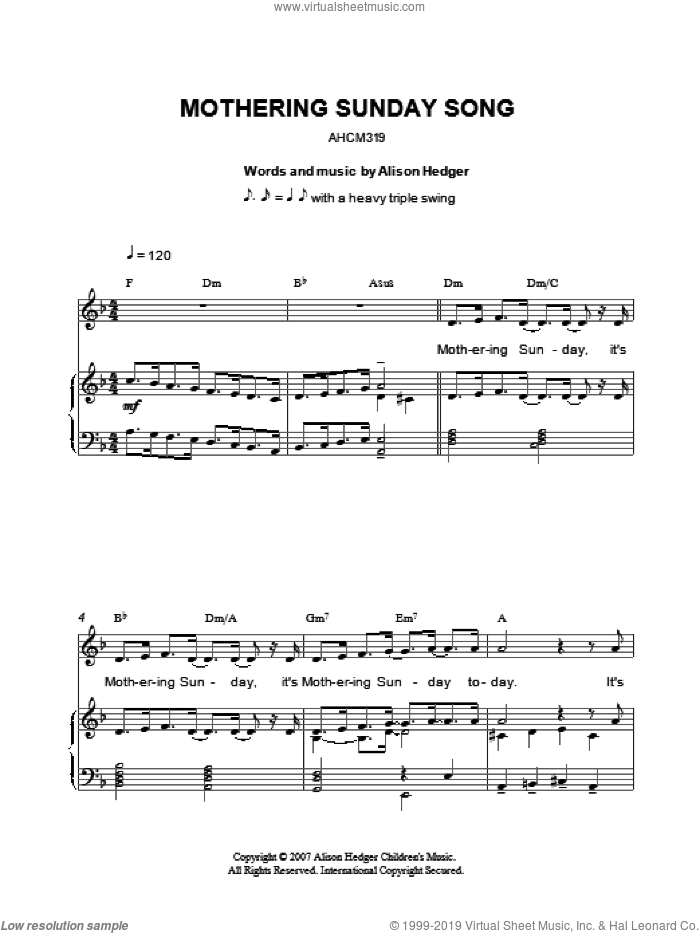 Mothering Sunday Song sheet music for voice, piano or guitar by Alison Hedger, intermediate skill level