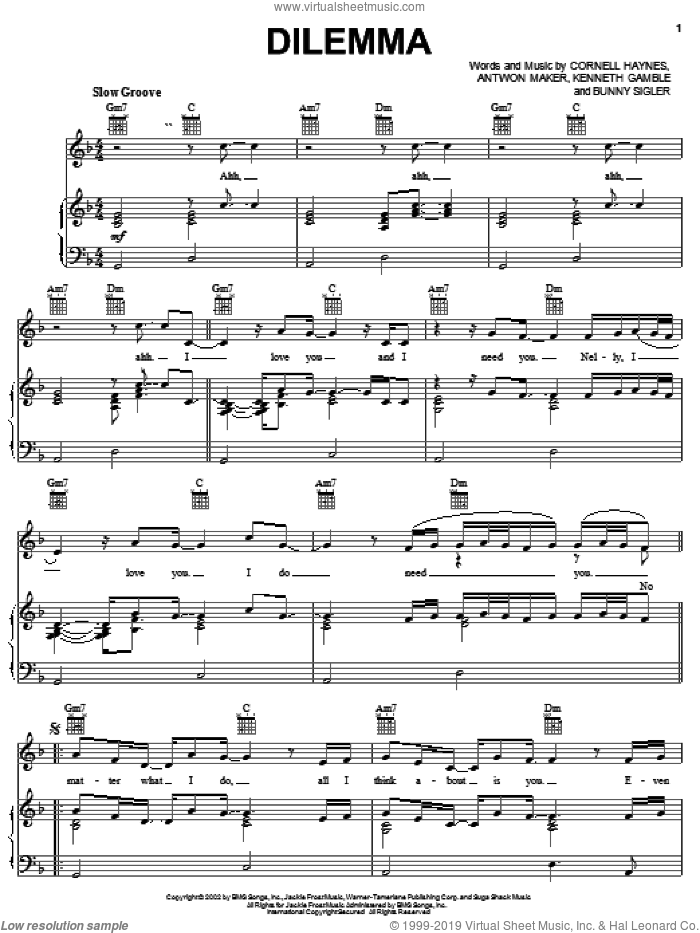 Dilemma sheet music for voice, piano or guitar by Nelly featuring Kelly Rowland, Kelly Rowland, Nelly, Antwon Maker, Bunny Sigler and Cornell Haynes, intermediate skill level