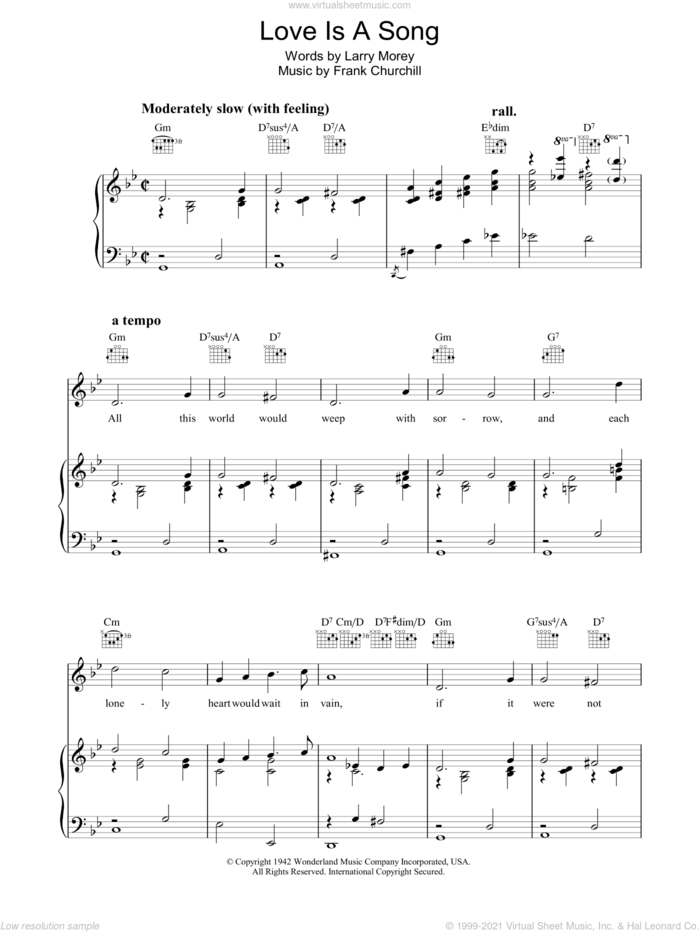 Love Is A Song (from Walt Disney's Bambi) sheet music for voice, piano or guitar by Frank Churchill and Larry Morey, intermediate skill level