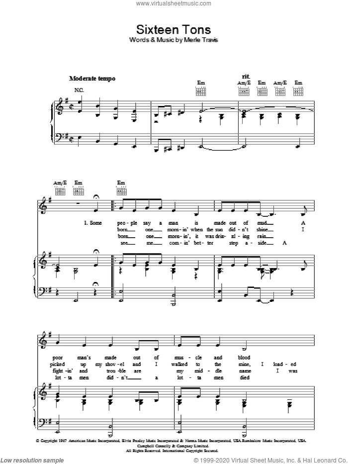 Sixteen Tons sheet music for voice, piano or guitar by Merle Travis and Tennessee Ernie Ford, intermediate skill level