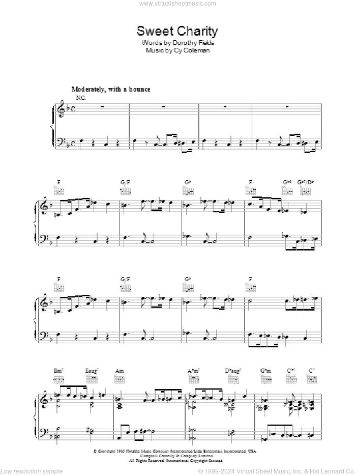 Sweet Charity sheet music for voice, piano or guitar by Cy Coleman and Dorothy Fields, intermediate skill level