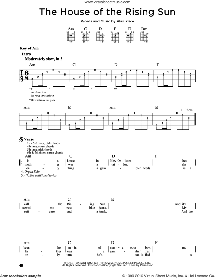 The House Of The Rising Sun sheet music for guitar solo (lead sheet) by The Animals and Alan Price, intermediate guitar (lead sheet)