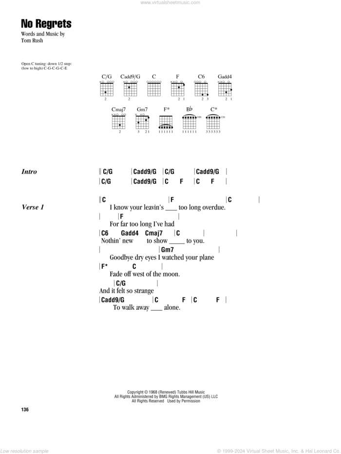 No Regrets sheet music for guitar (chords) by Tom Rush, intermediate skill level