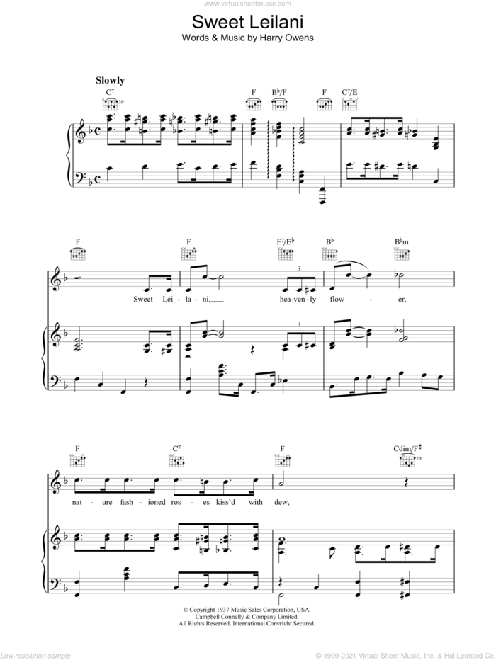 Sweet Leilani sheet music for voice, piano or guitar by Harry Owens, intermediate skill level