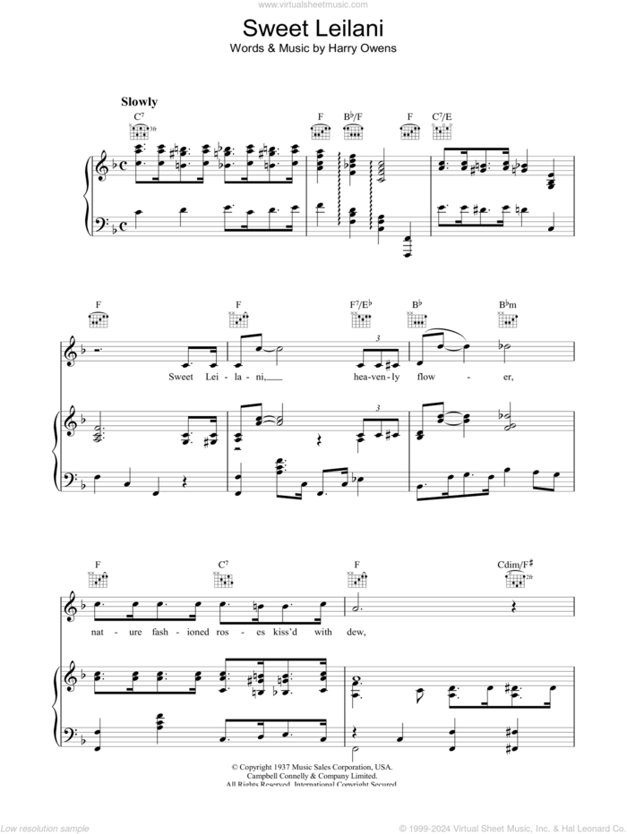 Sweet Leilani sheet music for voice, piano or guitar by Harry Owens, intermediate skill level