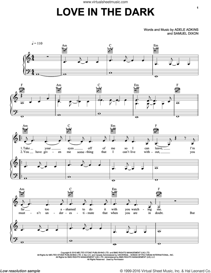 Love In The Dark sheet music for voice, piano or guitar by Adele, Adele Adkins and Samuel Dixon, intermediate skill level