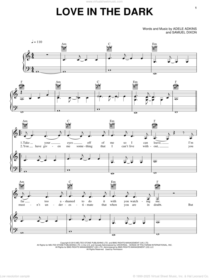 Love In The Dark sheet music for voice, piano or guitar by Adele, Adele Adkins and Samuel Dixon, intermediate skill level