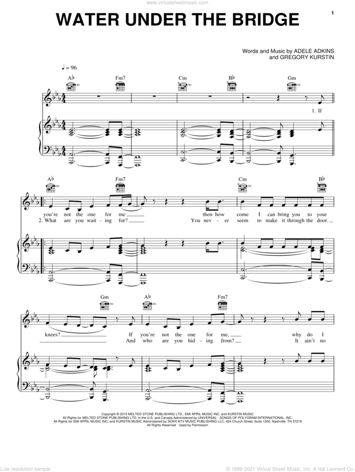 Water Under The Bridge sheet music for voice, piano or guitar by Adele, Adele Adkins and Gregory Kurstin, intermediate skill level