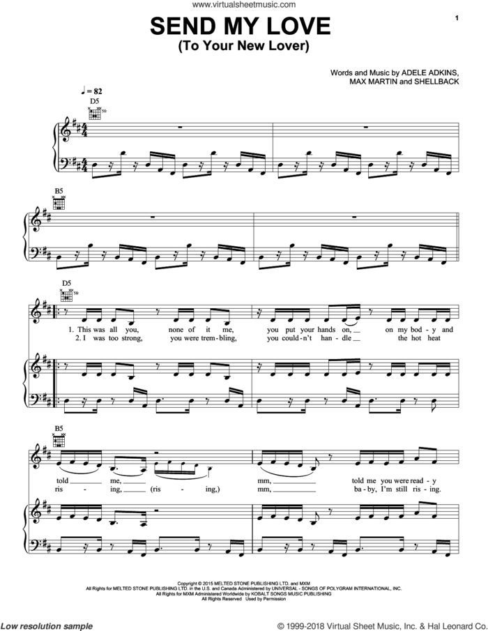 Send My Love (To Your New Lover) sheet music for voice, piano or guitar by Adele, Adele Adkins, Johan Schuster, Max Martin and Shellback, intermediate skill level